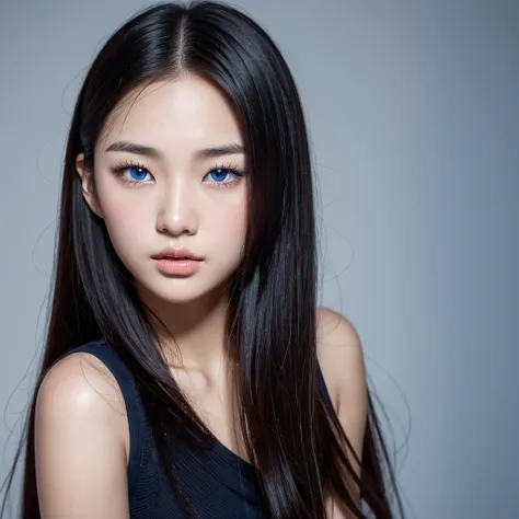 Asian girl from South Korea, blue eyes, long hair, thick hair, black hair, beautiful, thin face, small nose, Voluptuous lips, perfect face Textured skin, very detailed, high resolution,