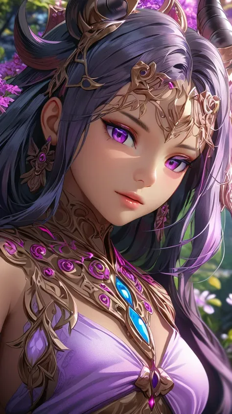 djinn. Female. Naked. Tease. Garters. Purple Hair. dark horns, small horns, tan skin, Persian. standing in a meadow with a pink color palette at the base of a tree, ((intricate scenery)),highres,sharp focus,(ultra detailed,extremely detailed),(photorealist...