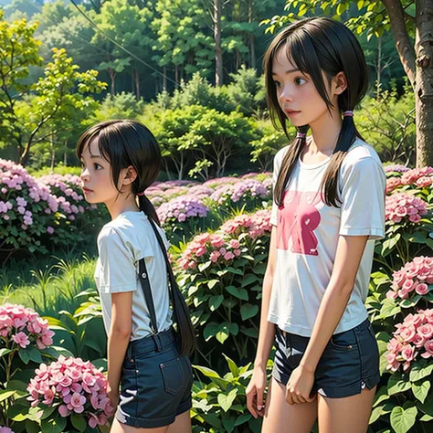 Cute girl wearing a t-shirt and shorts, dense forest, standing in a field of flowers, mountains, sunlight