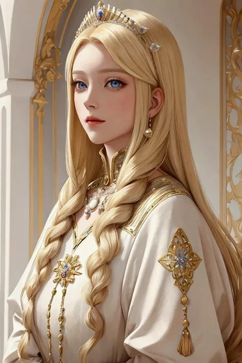 Woman, noble duchess, pearly blonde hair, light eyes, fair skin, noble clothes.