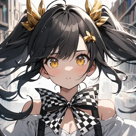 (high quality,最high quality,Best image quality) cute, 1 girl, Alone, (Upper Body),(:1.2),(Young:1.2),View your viewers,(Black and white checkered ribbon in hair:1.5),(Eyes are golden:1.5),(Black Hair:1.5), (Twin tails:1.3), Strong winds,The background is t...