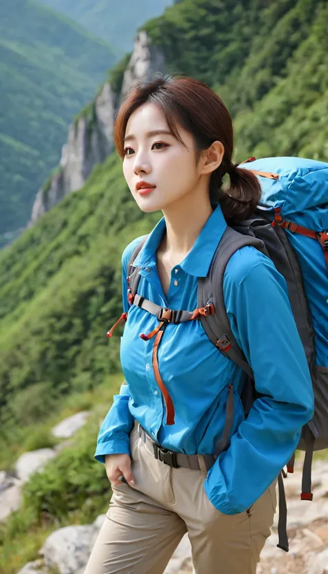 High angle shot of beautiful korean female, 36 inch breasts size, medium hair, wearing hiking outfit with backpack, mountain hiking, uhd