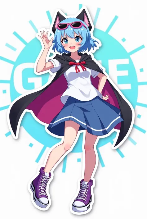 Stickers of clash with light blue hair white rays white shirt blue skirt with white edges and purple conver shoes pink sunglasses with black and black cat ears headband game girl and a cape for a logo saying hello