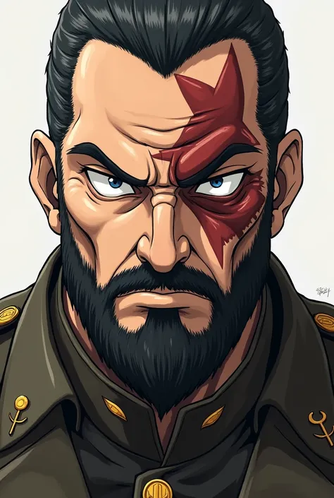 High resolution, masterpiece, Best Quality, High detail, Slicked back、Large scar on forehead、beard, A disdainful look, A soldier around 40 years old、Lieutenant Tsurumi from Golden Kamuy