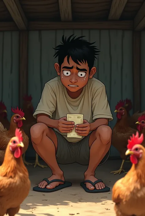 A handsome Indonesian man, spiky hair plain cream shirt shorts flip flops crying face hands holding 1 sheet of money atmosphere in a chicken coop and lots of chickens