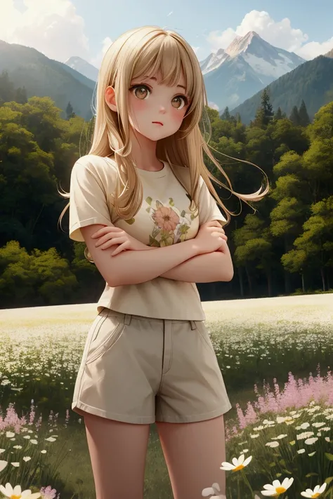 A cute young woman wearing a cream-colored T-shirt and shorts, crossing her arms, standing in the middle of a field of flowers, with a forest and mountains in the background.