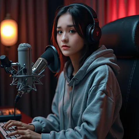 A majestic female Malay radio DJ, wearing a stylish grey hoodie,sitting confidently in a professional recording studio, speaking into a high-quality microphone, (best quality,4k,8k,highres,masterpiece:1.2),ultra-detailed,(realistic,photorealistic,photo-rea...