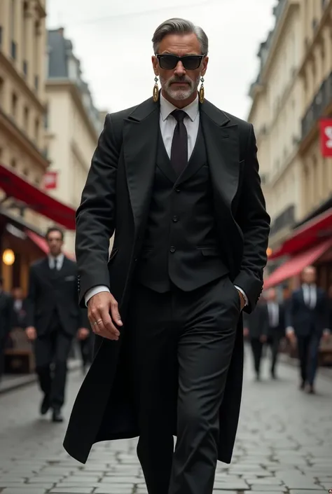 Tycoon, France, walking on the street, black glasses, 耳环, long jacket
