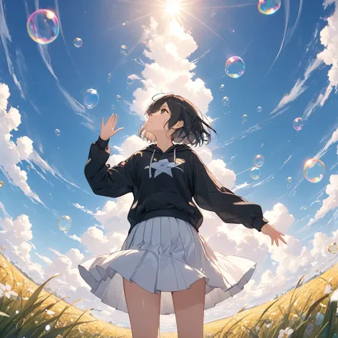 anime、((Amazingly absurd)),(masterpiece:1.2),超High resolution, Attention to detail, high quality, High resolution, 最high quality, 4K, 8k、Girl with her back turned、Raise your hands to the sky、Daytime Field、Standing alone、Lots of soap bubbles、Trying to catch...