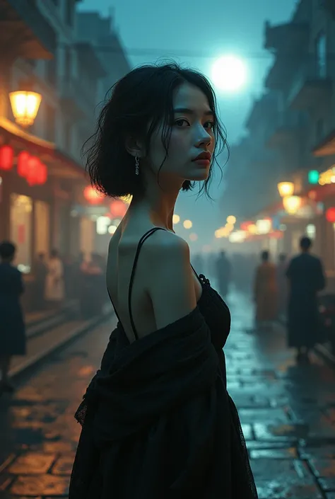 (Half Body Shot,Street lamp,moon),masterpiece, One girl, Solo Exhibitions, Beautiful woman on a busy street, Surrounded by peddlers, Beautiful Goddess Girl Portrait, Beautiful and exquisite face, Porcelain Skin, (((Bust Shot, center, night, Black Hair, Sho...