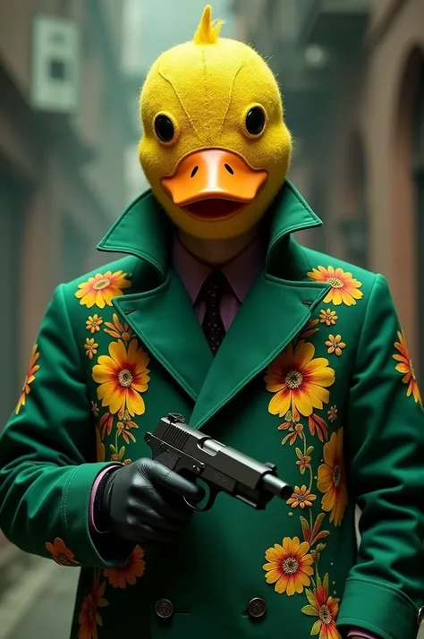 Man wearing yellow cloth duck mask wearing green jacket with yellow and red flowers with gun in hand 