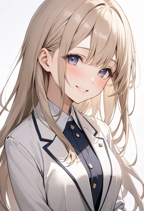 One girl, solo, Long Hair, High resolution, chest, Blushing, smile, Simple Background, masterpiece, Best Quality, 大きなchest, The background is all white、Wearing a Japanese blazer uniform、Hair color is light beige、human、
