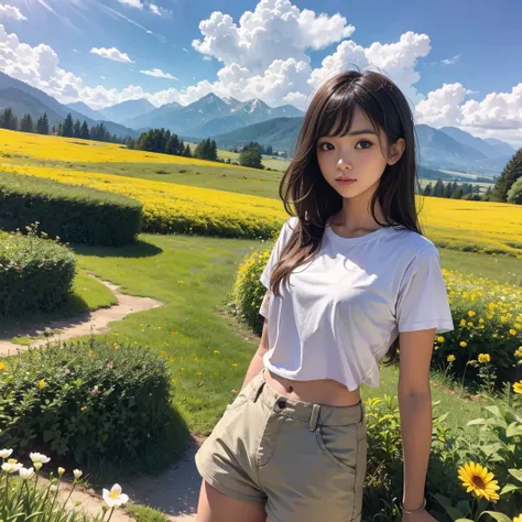 A cute young woman wearing a cream-colored T-shirt and shorts, crossing her arms, standing in the middle of a field of flowers, with a forest and mountains in the background.