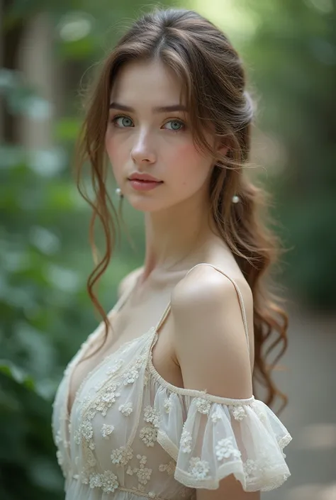 (front image) beautiful woman with light brown hair white skin and blue eyes wearing white flowery dress thick firm legs standing in a school 