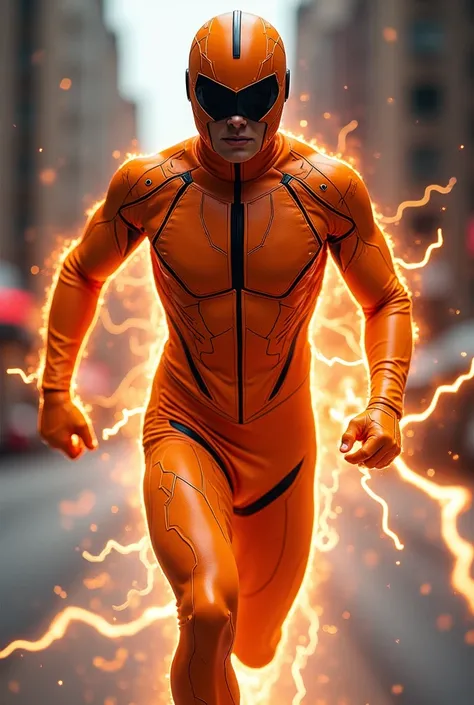 Make a speedster superhero outfit with orange color and lightning bolt details 