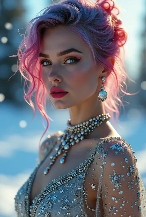 A striking, cinematic portrait of a glamorous, high-fashion model with vibrant, multi-colored hair styled in a dramatic, windswept look. Her face is beautifully sculpted, with high cheekbones, full lips, and piercing eyes that seem to glow with an otherwor...