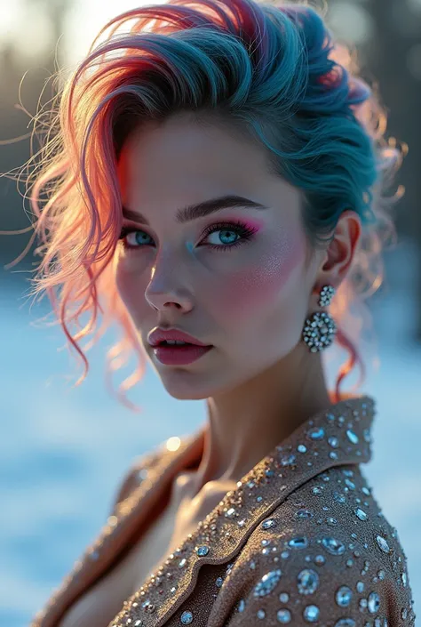 A striking, cinematic portrait of a glamorous, high-fashion model with vibrant, multi-colored hair styled in a dramatic, windswept look. Her face is beautifully sculpted, with high cheekbones, full lips, and piercing eyes that seem to glow with an otherwor...