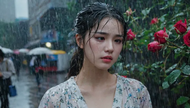 In a bustling city，rainstorm，A girl standing in the rain，The roses that the jk girl held tightly fell on the ground。Her eyes are full of sadness，Very sad expression，Gloomy eyes， And feel wronged，Wilted roses，Wilted flowers，The rain washed her cheeks。She in...