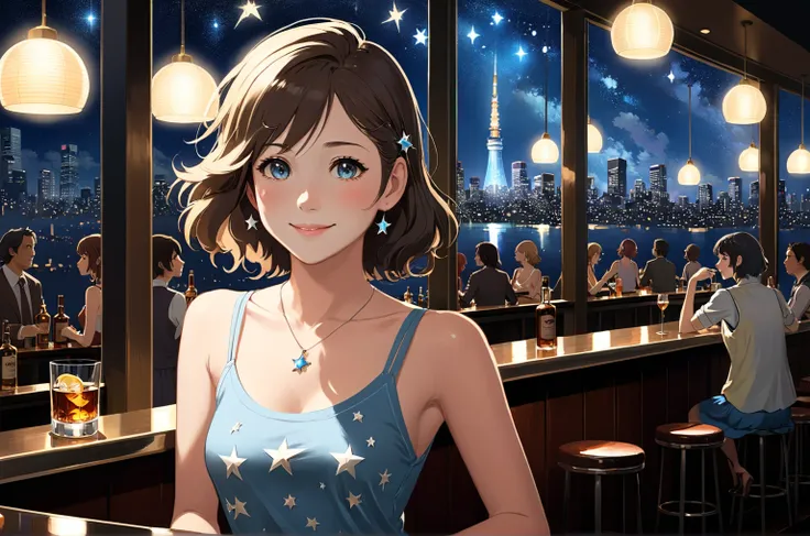 Uses Makoto Shinkai&#39;s depiction perfectly,Portrait of Alica Schmidt,8k 4k masterpiece photo ,Tokyo,A jazz bar with a glass ceiling,The twinkling stars can be seen through the glass windows.,It&#39;s a dark night outside,Jazz is playing,Beautiful face,S...