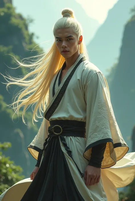 Make a Wuxia or Xianxia style Hanfu boy with long blonde hair who is manly and serious