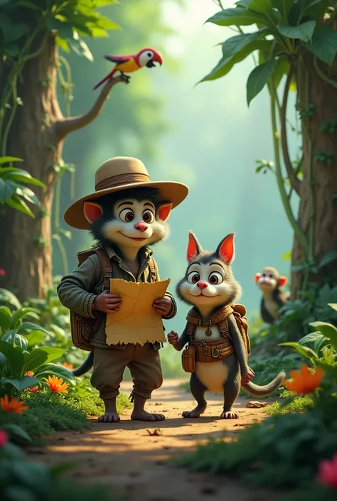 Image: Benny and Ping walking together, surrounded by lush greenery, vines, and exotic flowers.
- Details: Benny holding a map, Ping looking curious, and a few jungle creatures (monkeys, birds) in the background.
