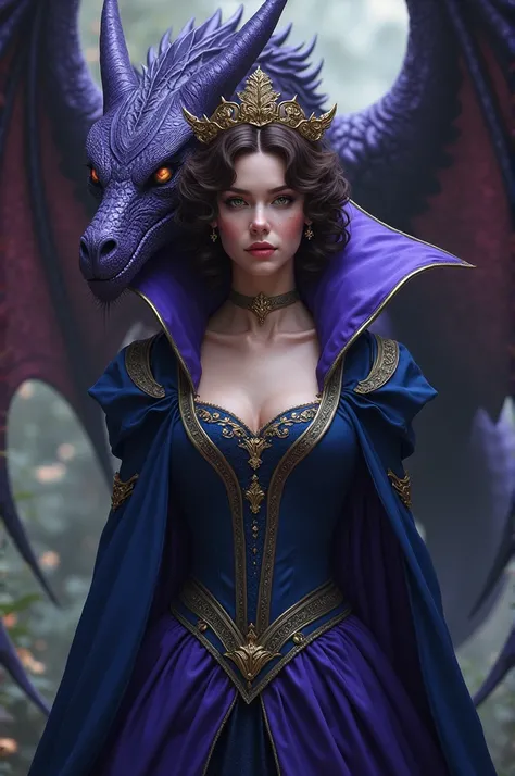 An older, vain queen with curly brown hair. She has sharp cheekbones and bright green eyes. Her skin is slightly pale with a beauty mark on her cheek. She wears a blue dress mixed with purple. There is the shadow of a menacing purple dragon behind her, loo...