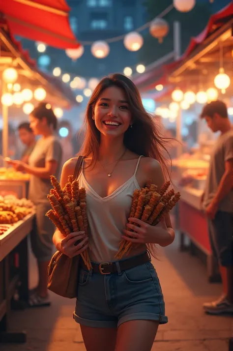 a lively night market. The woman is dressed in casual clothing., carrying snacks, and his face is full of joy and satisfaction.