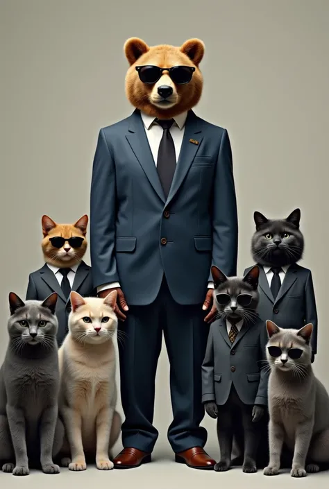 I want a photo of 1 brown bear in a dark blue groom&#39;s suit and 6 cats in suits as bear&#39;s pageboys, but the suits in different shades of gray and the cat on the right to be a dark gray act, the others in different colors and all with dark glasses. I...