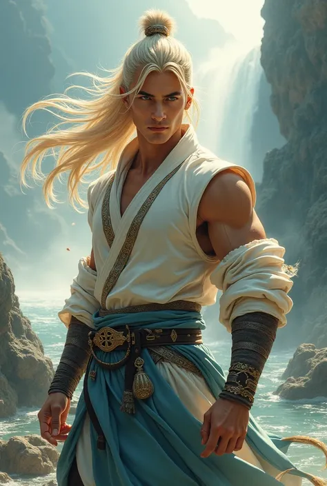 Make a wuxia or xianxia style boy with long blonde hair who is manly and handsome and beautiful