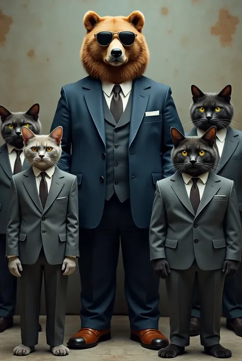 I want a photo of 1 brown bear in a dark blue groom&#39;s suit and 6 cats standing on 2 legs with suits like the bear&#39;s friends but the suits in different shades of gray and the cat on his right to be a dark gray act, the others in different colors and...