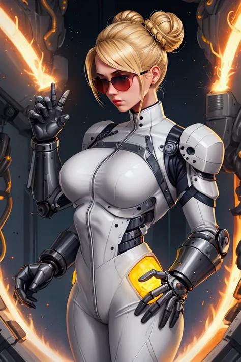 Create an illustration of a blonde woman with a bun hairstyle in her hair, wearing aviator glasses, wearing a protective coverall, using a mechanical exoskeleton with two huge mechanical gauntlets releasing a plasma blast from the palm of his hand.