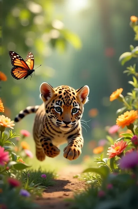 Jaguar cub running after a butterfly in a garden full of flowers.