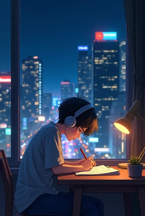 Create an anime style image, of a boy studying in his room near the window, that can see the night city, the boy is wearing headphones listening to music.