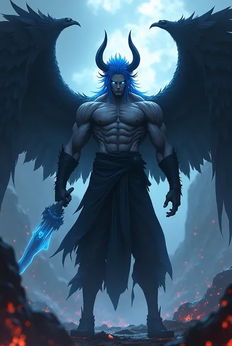 Tall muscular anime male character with blue hair and eyes with horns and vulture wings with a dark aura in hell 