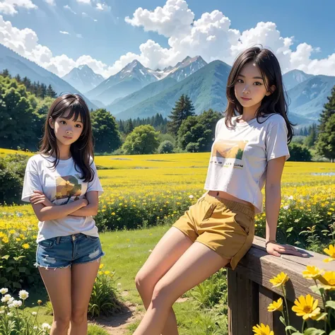 A cute young woman wearing a cream-colored T-shirt, shorts, crossing her arms, beautiful legs, standing in the middle of a flower field, with a forest and mountains in the background.