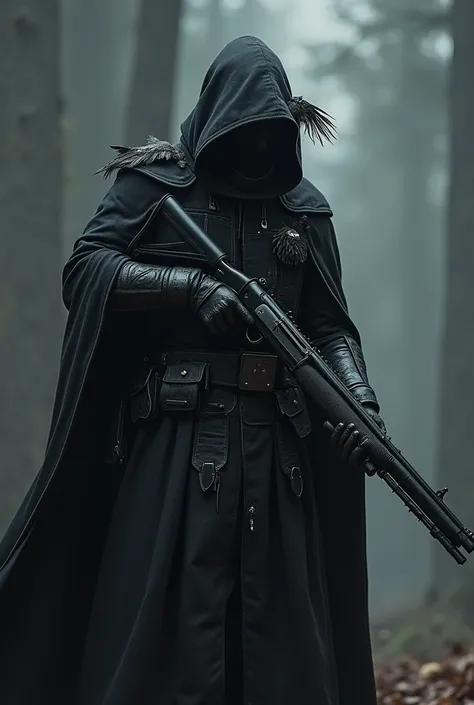 A hunter with black outfit include cloak, feathers hat, crow logo, he use two double barrel shotgun as his main weapon