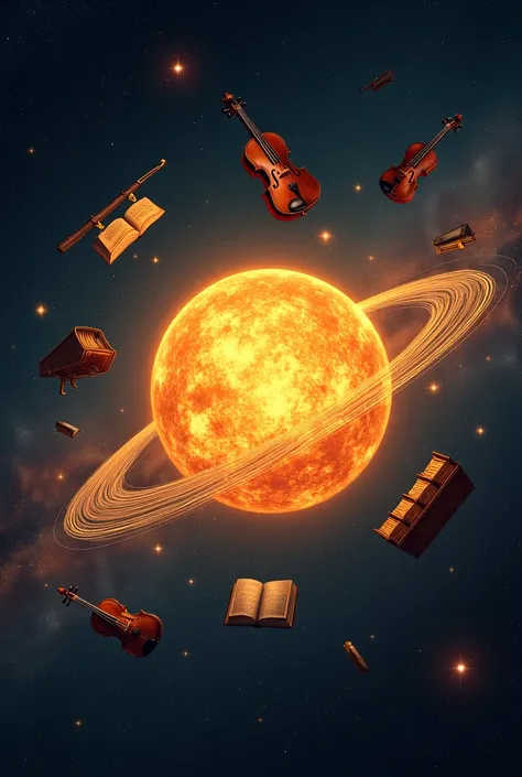 Image of solar system with books and musical instruments flying around the sun circularly