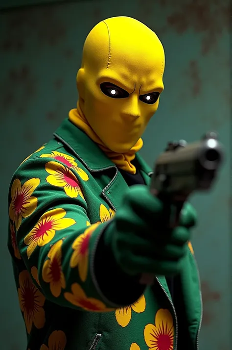 Man with gun in hand wearing yellow mask covering face with white eyes and wearing green jacket with yellow and red flowers 