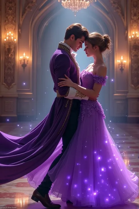 A man and a woman dancing in a ballroom. The man is dressed as a prince while the woman wears a purple ballgown. The man has brown hair, tan skin, and his eyes are glowing purple. The womans eyes are glowing the same color, as she is casting a love spell o...