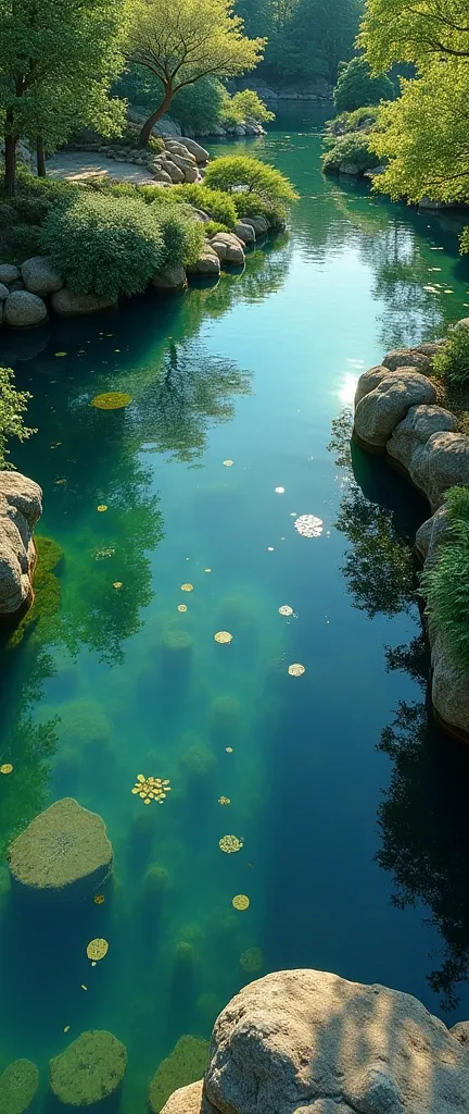 (masterpiece:1.2,Highest quality,Ultra-high resolution,Very detailed,Realistic,Ultra-high resolutionのカメラ),8k,wallpaper,(Shooting the pond from above),(A detailed depiction of the pond bottom with the water surface reflections removed.:2.0),sunny,Japanese g...