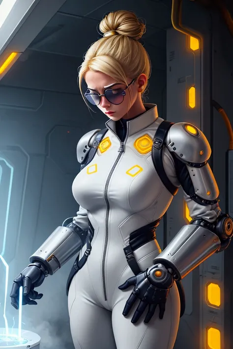 Create an illustration of a blonde woman with a bun hairstyle in her hair, wearing aviator glasses, wearing a protective coverall, using a mechanical exoskeleton with two huge mechanical gauntlets emanating plasma energy from the hand