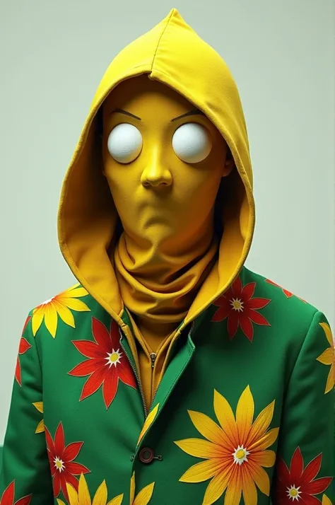 Man wearing yellow cloth mask with white eyes and wearing green jacket with yellow and red flowers 