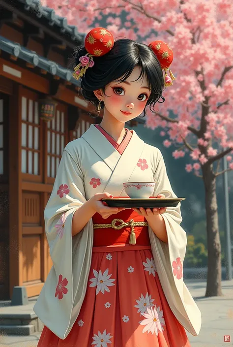 (estilo de Oskar Kokoschka:1.2),(Arte expressionista abstrata:1.2) a cute girl wearing kimono holding tray with a Japanese teacup, smirk, sunlight, Sakura trees, outside of a Japanese tea shop