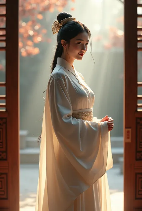 An elegant and intellectual classical Chinese woman, wearing a bellyband, standing at the door with a smile on her face, her skin is more radiant than snow, and her eyes are like a pool of clear water. There is a faint air of books.