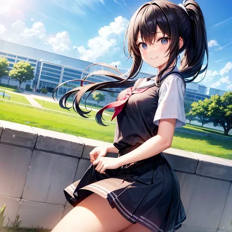 One girl、smile,Black hair ponytail、Jersey、Checked chool under clear blue sky、Dynamic Angle