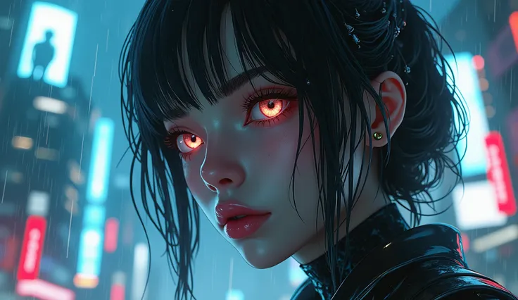 cyberpunk anime style, futuristic city, neon lights, rain, moody atmosphere, detailed cityscape, dramatic lighting, advanced technology, glowing holographic displays, hovering vehicles, android girl, beautiful detailed eyes, beautiful detailed lips, extrem...