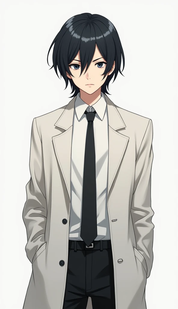 A Fullbody Picture (photorealism:1.2) slender tall pale man with medium black smooth hair, white Long sleeve Polo shirt with a black tie, White long trench coat, big black eyes, indifferent expression, Businessman anime style, illustration