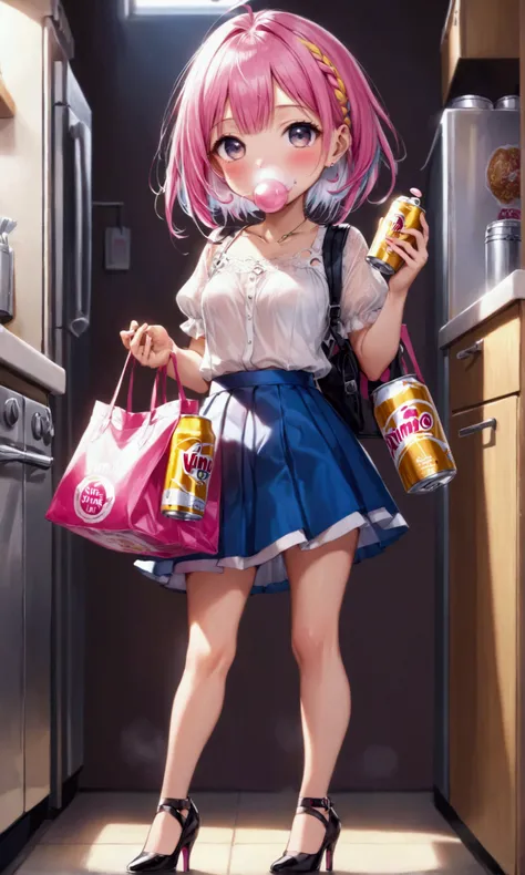 (bimbopunk) cute yuna (age 25, bimbo, mini skirt, tiny blouse, big high heels, chewing gum), she is coming out of the kitchen bringing viewer a fast food bag and a can of beer, focus on her high heels
