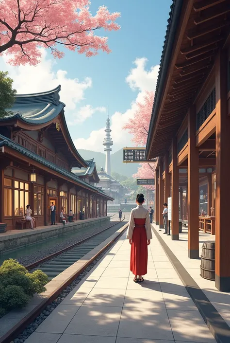 train station designed to represent Japan and this would involve addressing all aspects of Japan including the staff of the train station dressed in traditional Japanese clothes, foods, structure of the train station