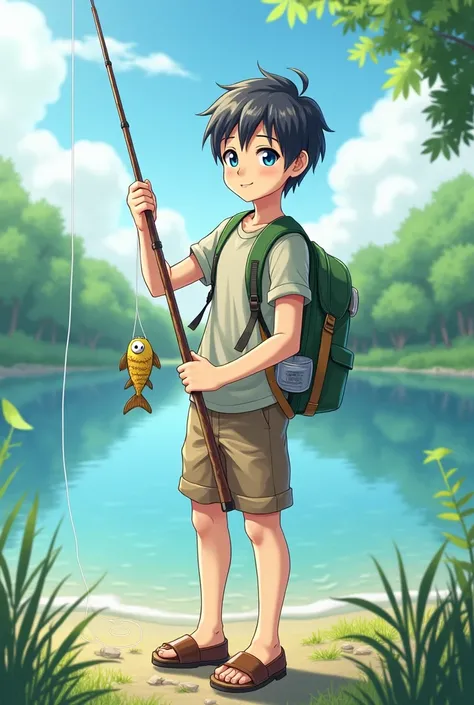 Create an anime boy with a fishing rod and a backpack